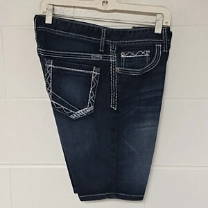 Cruel Dark Abby, Stretch Denim Jean Bermuda Shorts with White Stitching, 30/9